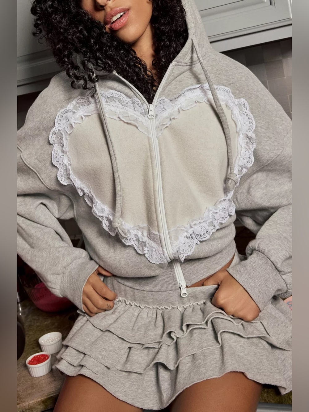 UO Out From Under Love Is Bliss Lace Trim Cropped Zip-Up Hoodie